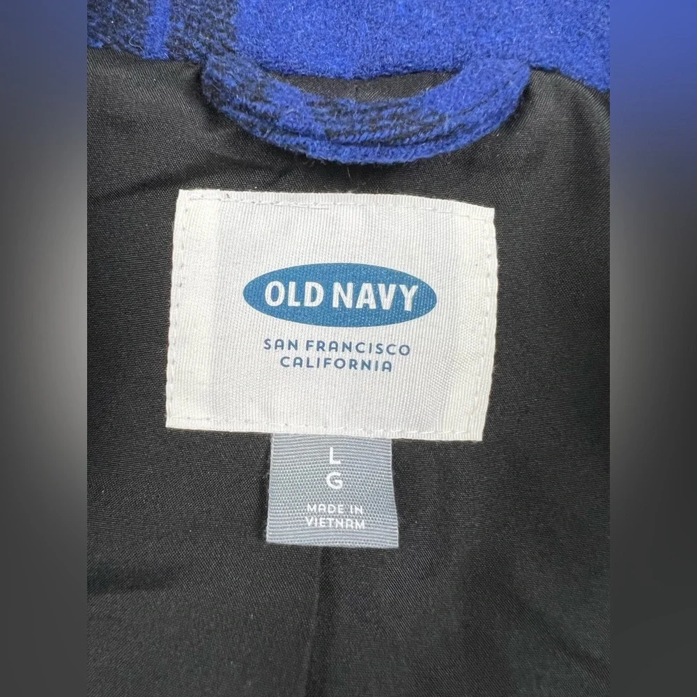 Old Navy Women’s Large Blue Black Plaid Double Breasted Mid Length Wool Peacoat - Picture 5 of 10